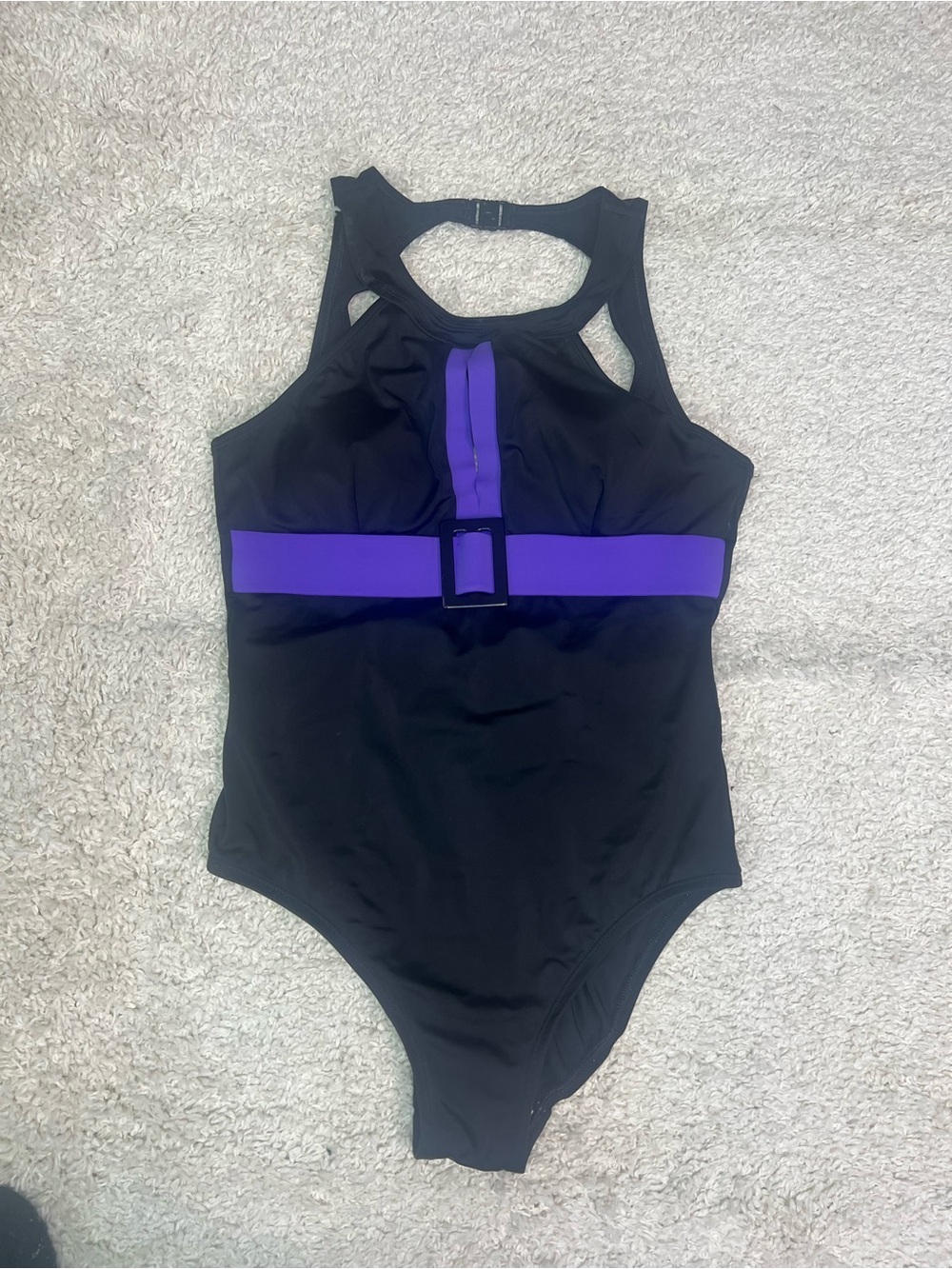 Black One-Piece Swimsuit with Purple Accent